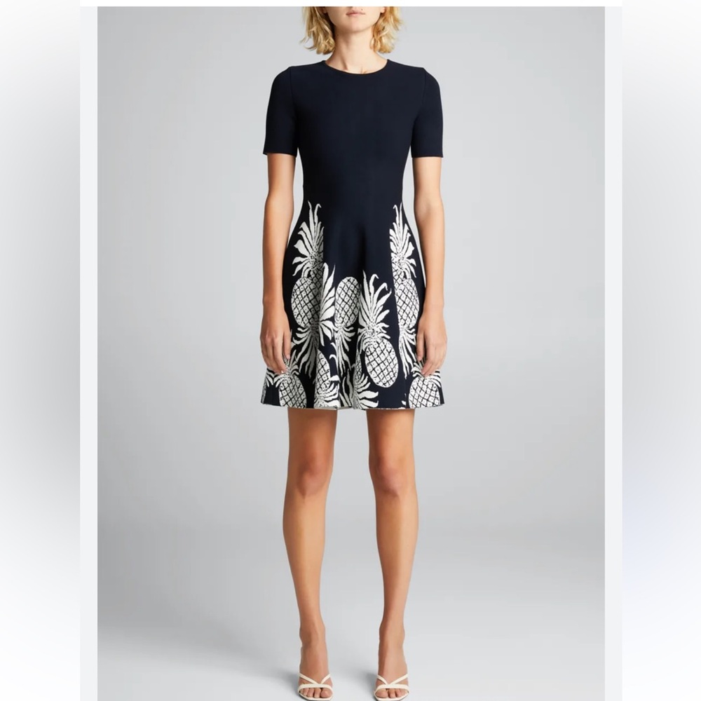 Oscar de la Renta Pineapple Pineapple Print Knit Dress size XS Navy / Ivory